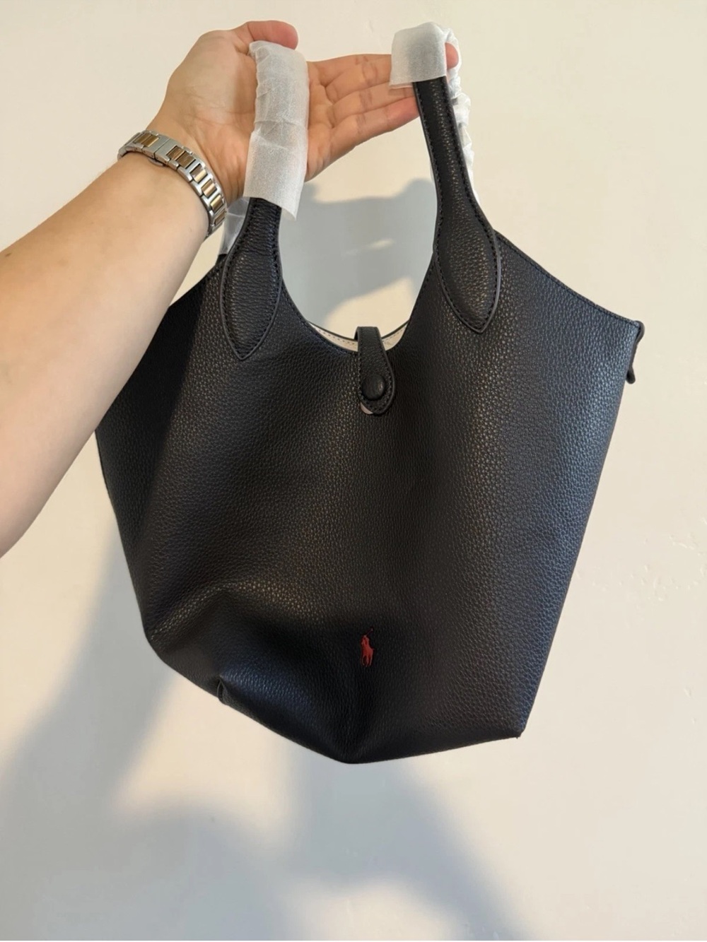 Polo by Ralph Lauren Black Pebbled Leather Tote with Red Logo